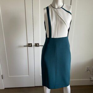 Judith & Charles Slvless Round Nk Fitted Colorblock Dress Teal Green Wht 6 NWOT